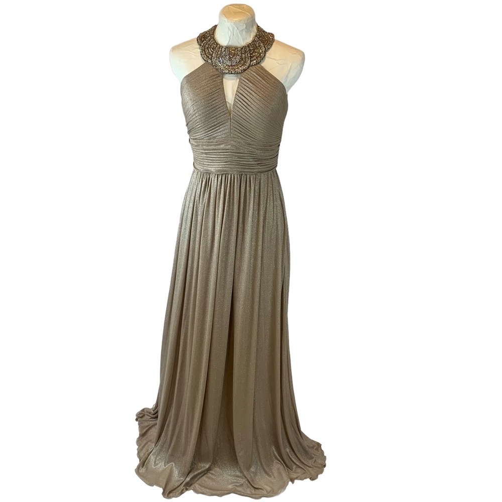 Cachet Gold Beaded Halter Evening Gown, Elegant Formal Dress Size 6 BEAUTIFUL
